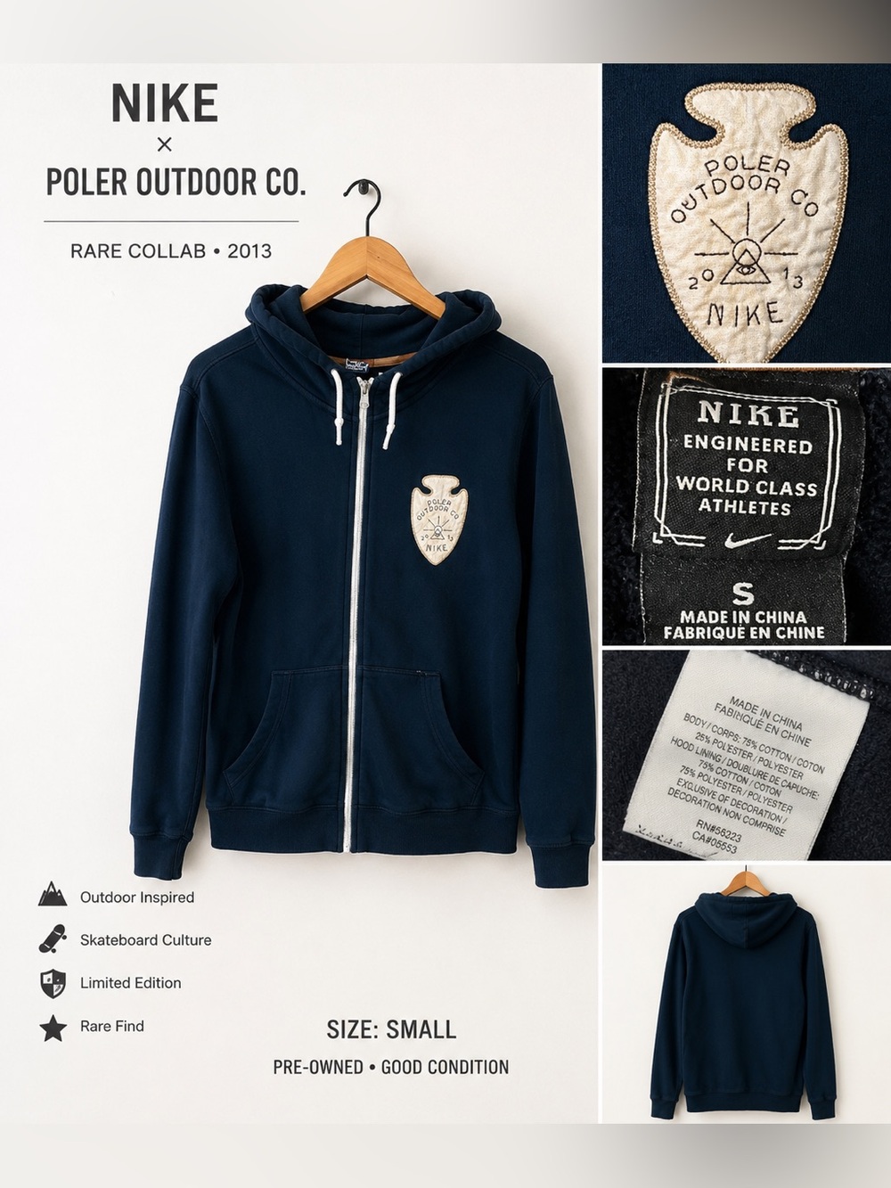 Rare 2013 Nike SB x Poler Outdoor Co Full Zip Hoodie Navy Men’s Small